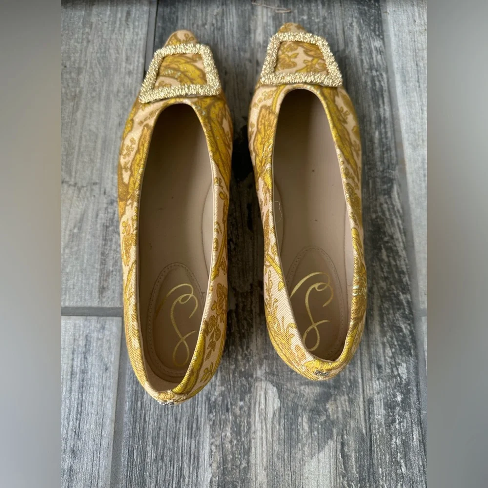 Sam Edelman Janina Yellow Metallic Gold Floral Brocade Embellished Flats 10 - Picture 11 of 14